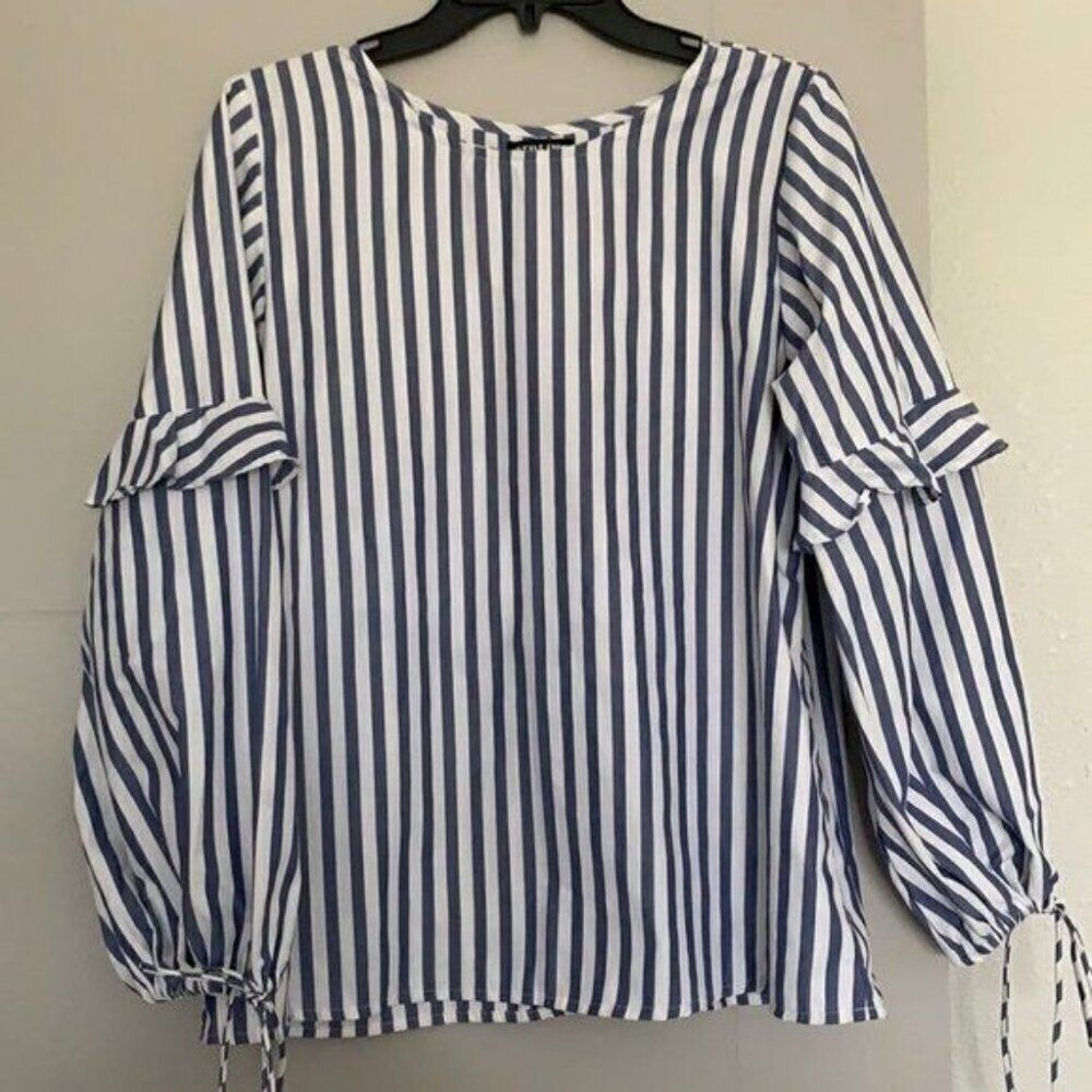 Style Envy Women Blue White Striped Ruffle Long Sleeve Blouse Size M